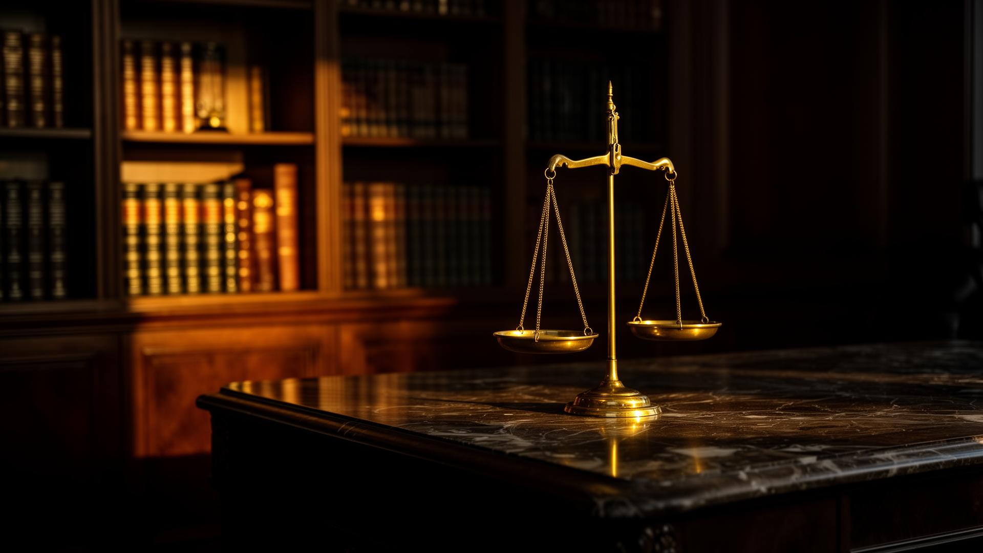 Brass scales of justice on a marble desk in a dimly lit law library